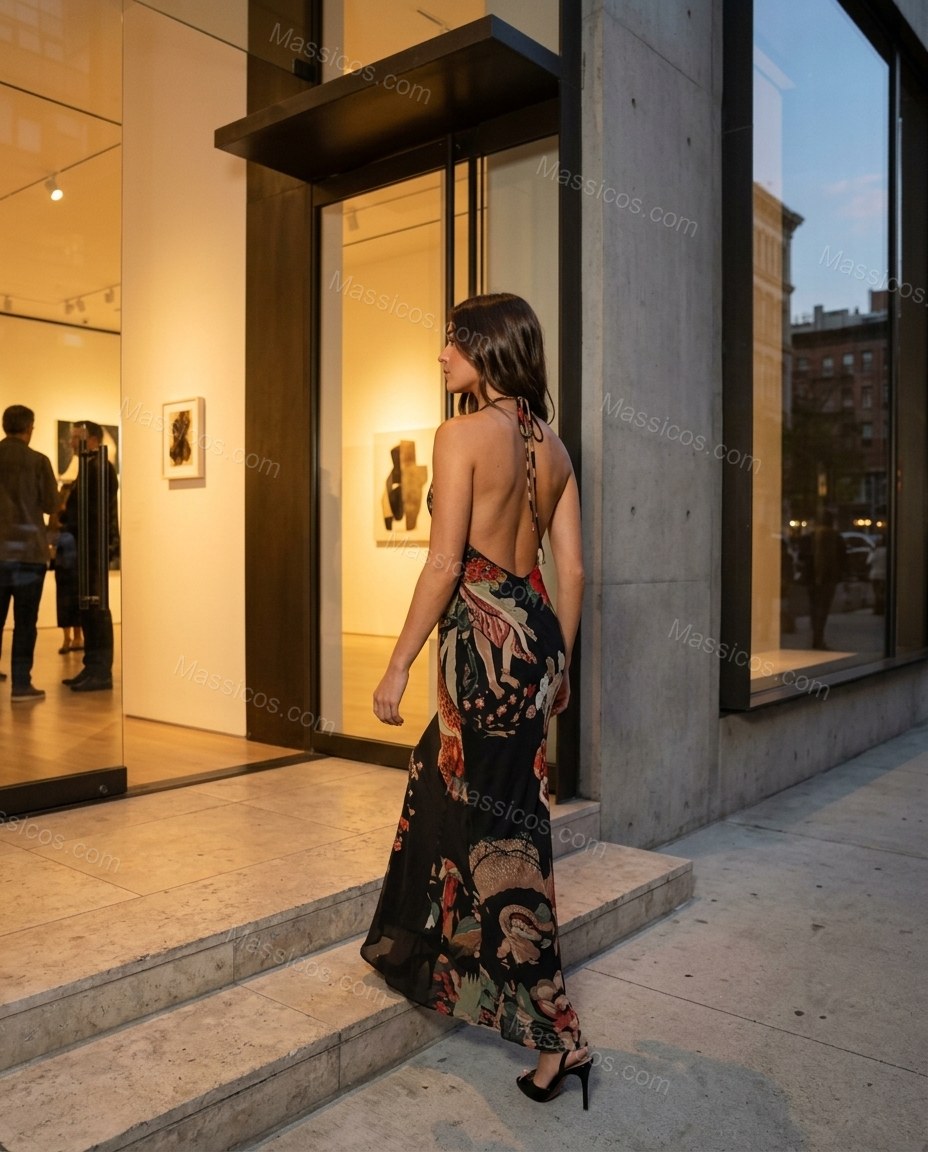 Black Abstract Maxi Halter Dress, three-quarter brand lifestyle view, by Massicos