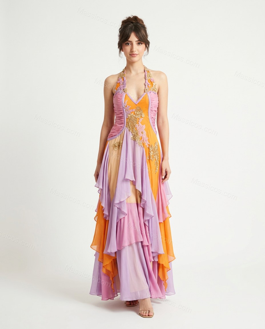 Orange Floral Maxi Halter Dress, front studio view, by Massicos