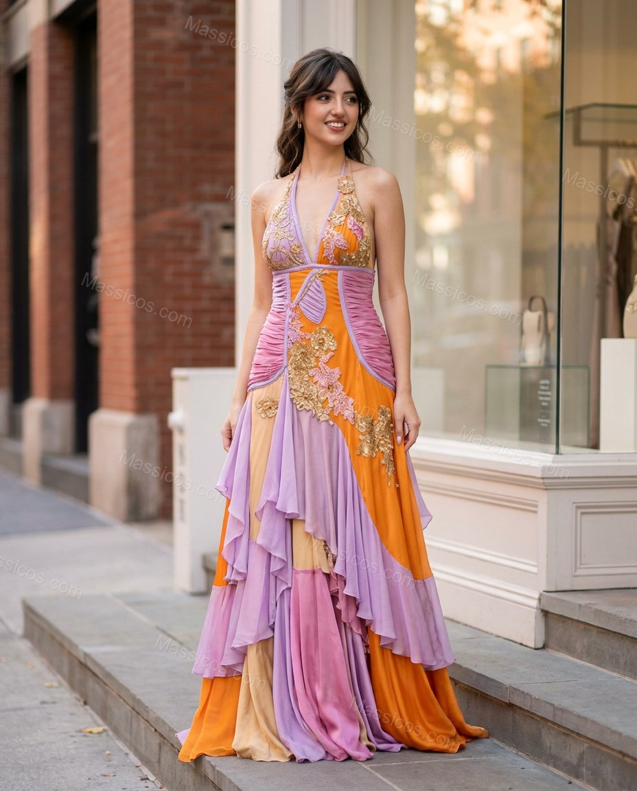 Orange Floral Maxi Halter Dress, three-quarter brand lifestyle view, by Massicos