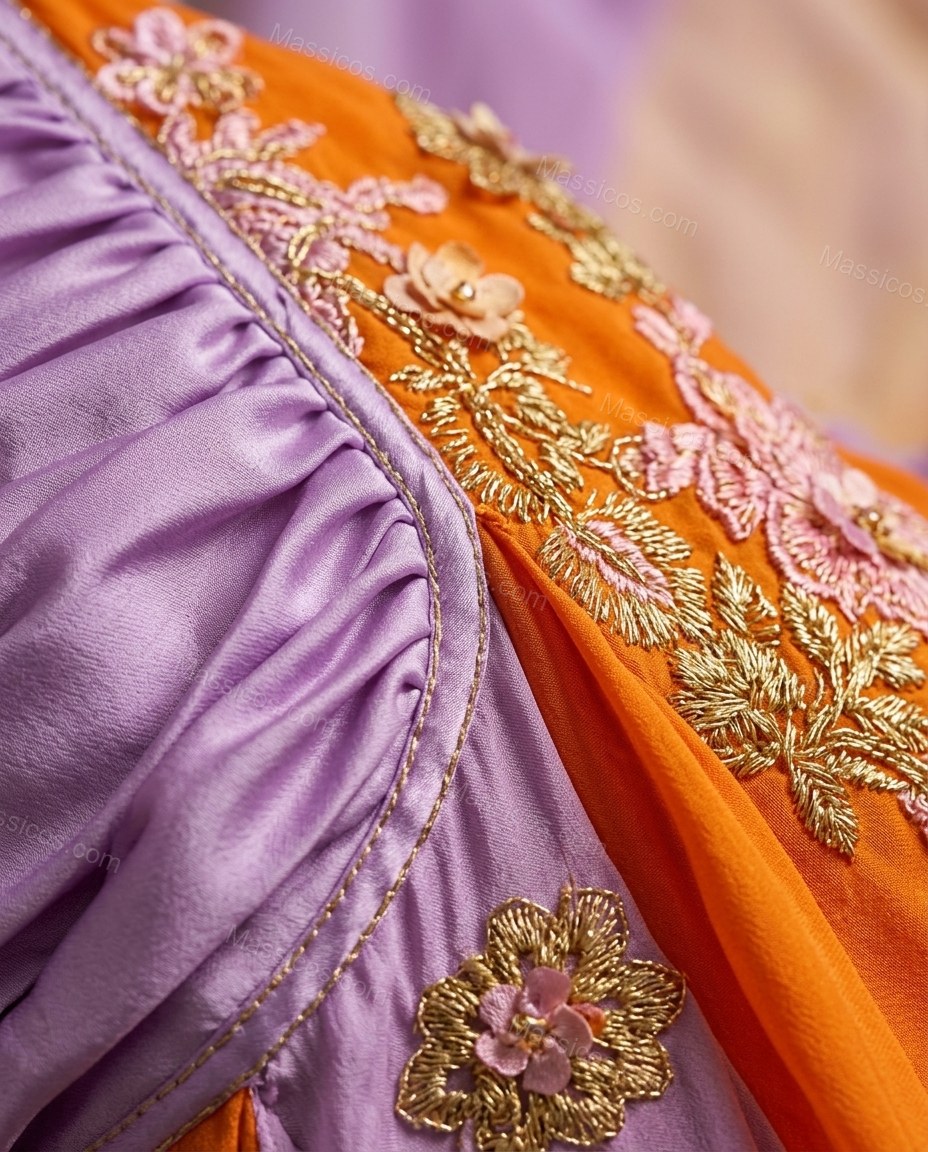 Orange Floral Maxi Halter Dress, close-up of floral embroidery, by Massicos