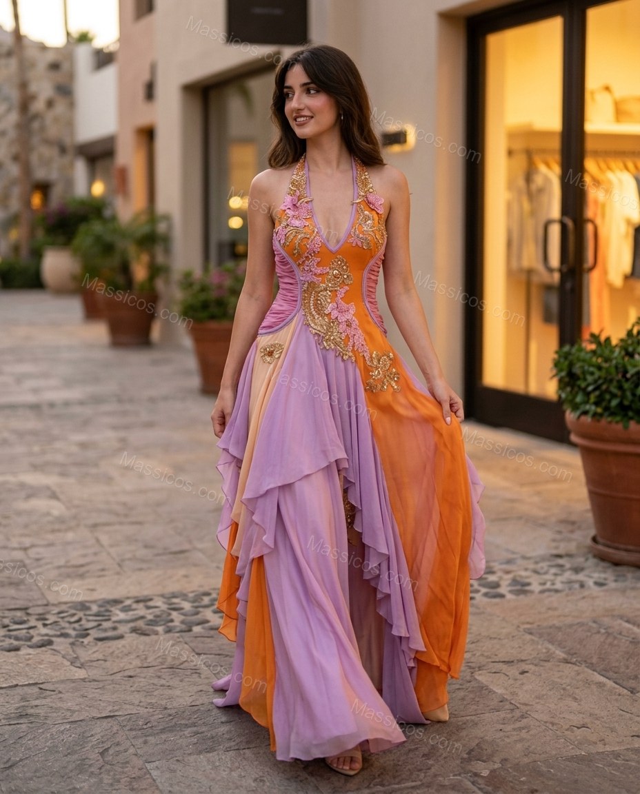 Orange Floral Maxi Halter Dress, movement and fit lifestyle view, by Massicos