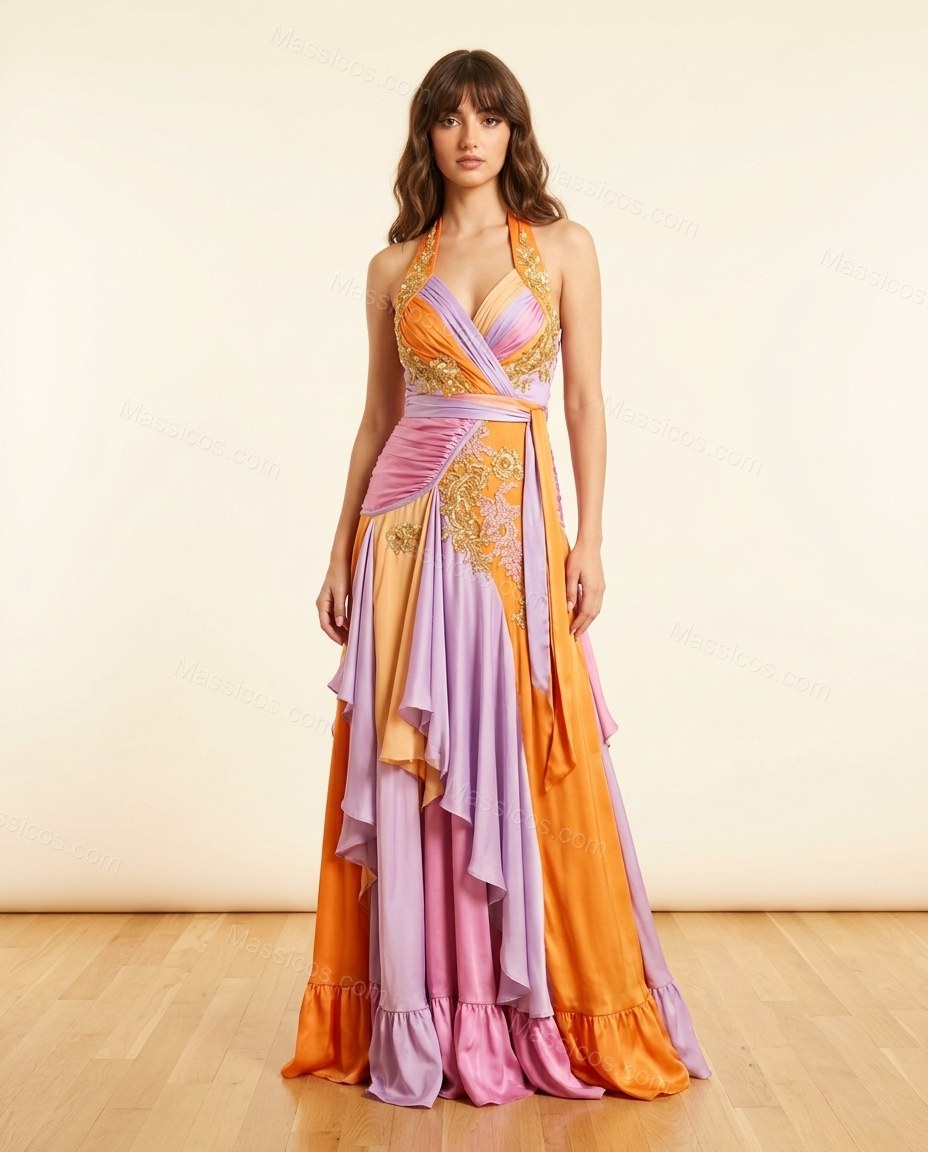 Orange Floral Maxi Halter Dress, full-length hero view, by Massicos