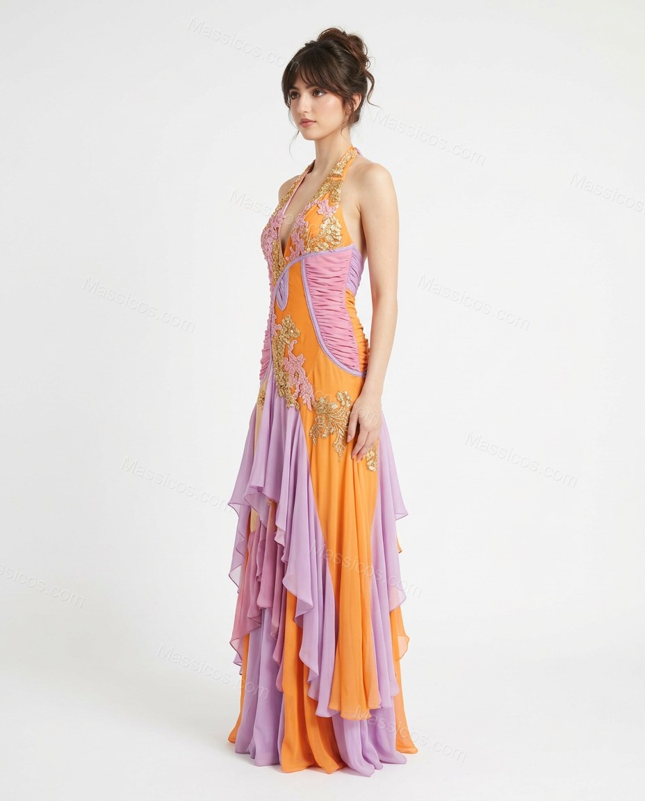 Orange Floral Maxi Halter Dress, side and back studio view, by Massicos