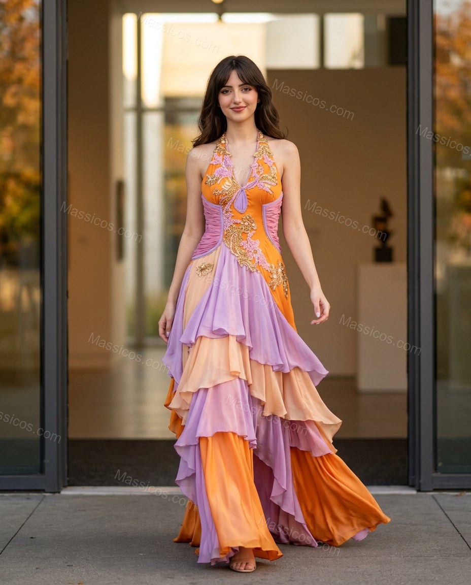 Orange Floral Maxi Halter Dress, walking lifestyle view, by Massicos