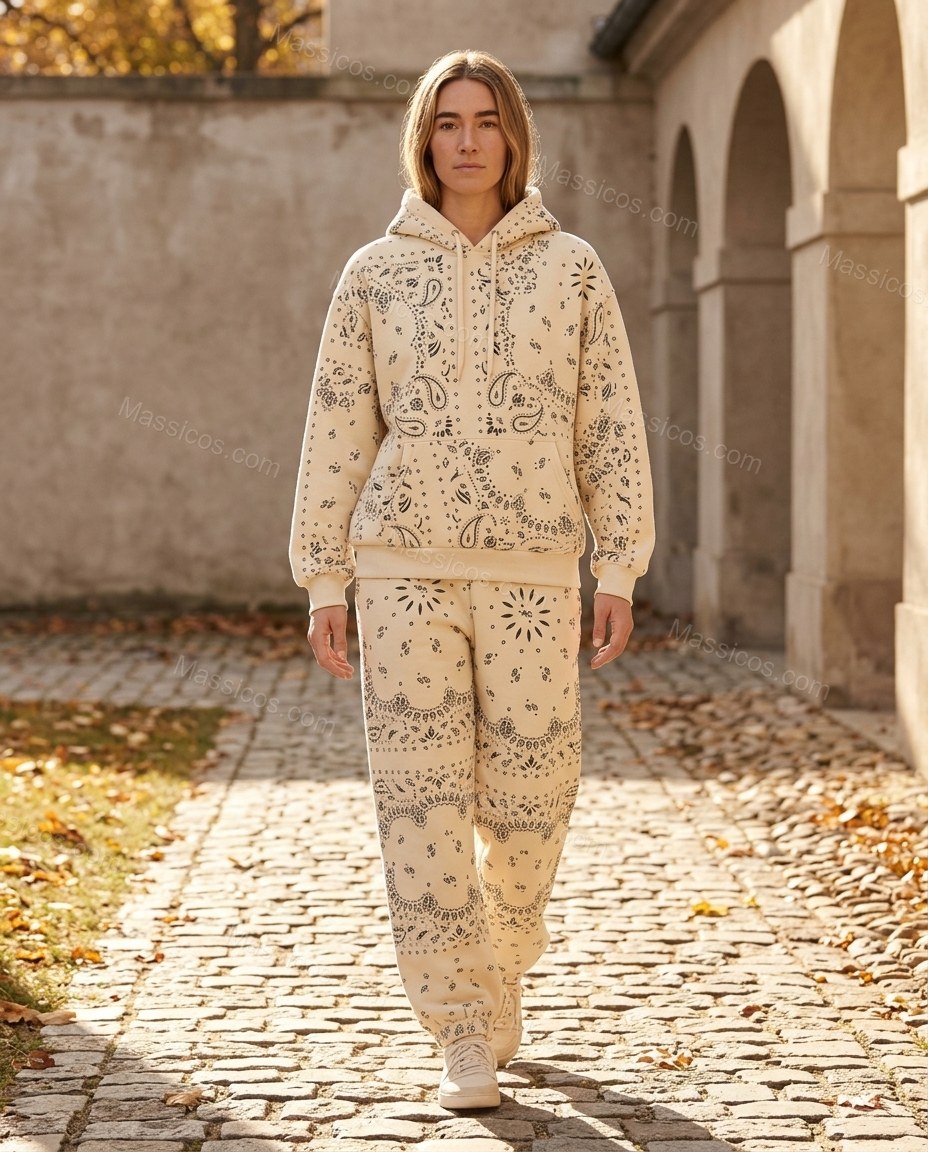 Cream Paisley Knit Ribbed Pants Set, movement and fit lifestyle view, by Massicos
