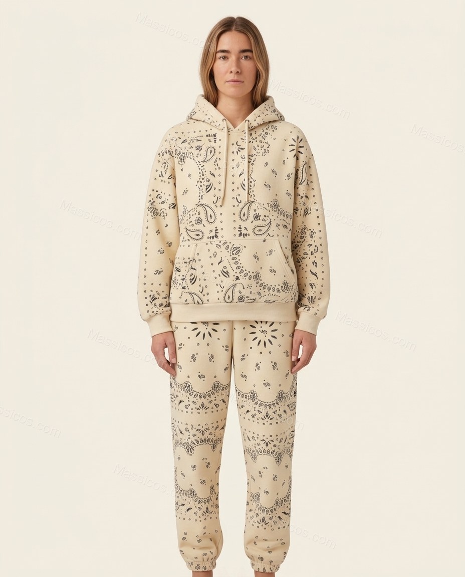 Cream Paisley Knit Ribbed Pants Set, front studio view, by Massicos