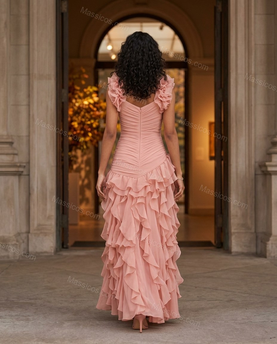 Blush Pink Maxi Ruffled Chiffon Dress, movement and fit lifestyle view, by Massicos