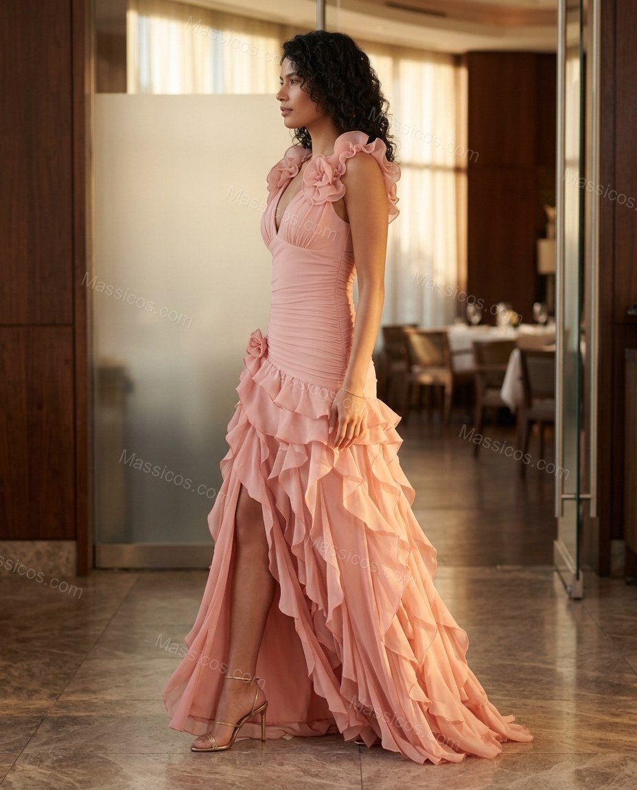 Blush Pink Maxi Ruffled Chiffon Dress, walking lifestyle view, by Massicos