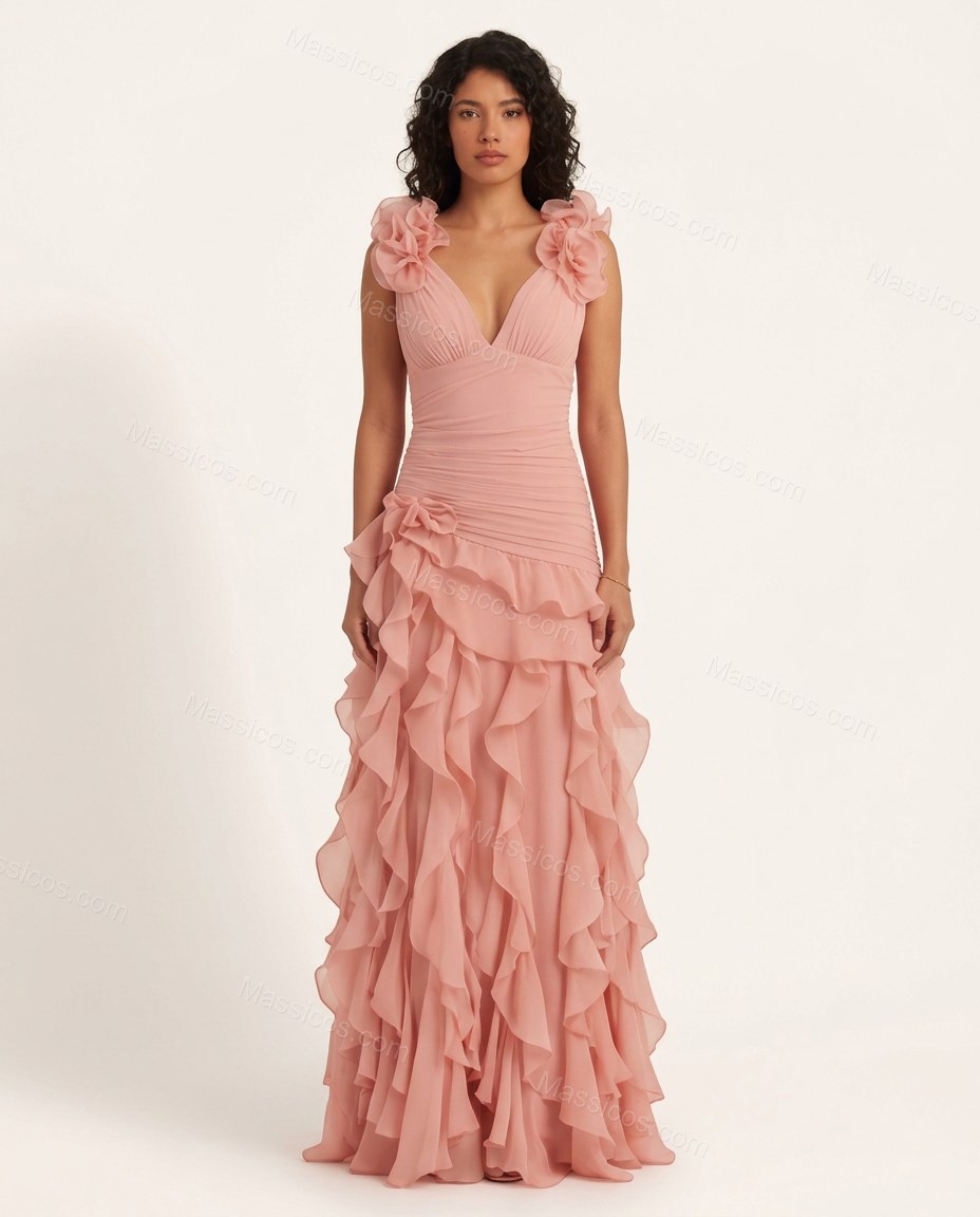 Blush Pink Maxi Ruffled Chiffon Dress, front studio view, by Massicos