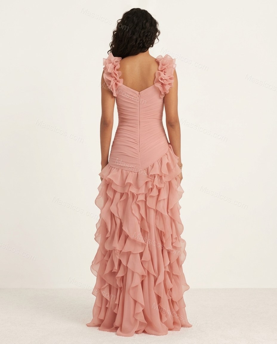 Blush Pink Maxi Ruffled Chiffon Dress, back studio view showing ruched back with ruffles cascading down, by Massicos