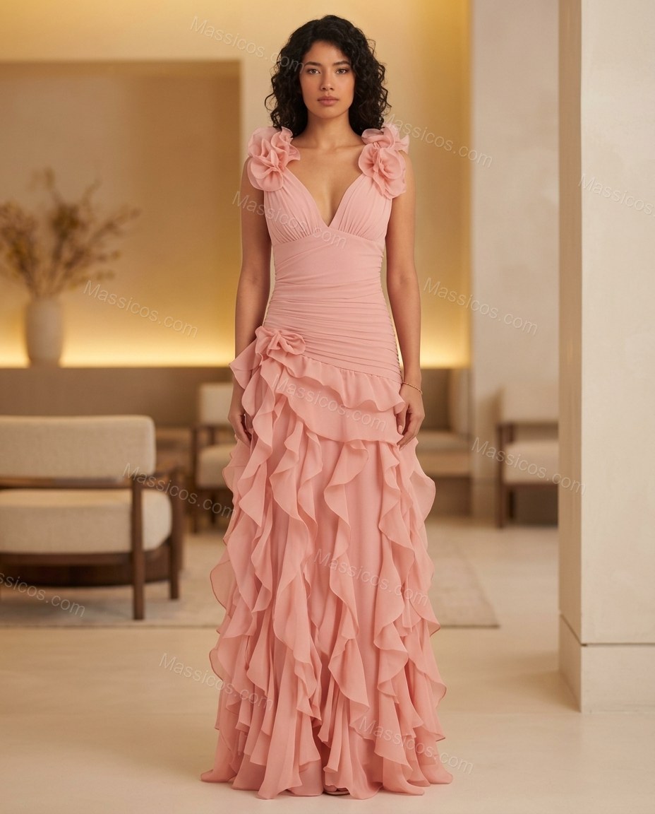 Blush Pink Maxi Ruffled Chiffon Dress, full-length hero view, by Massicos
