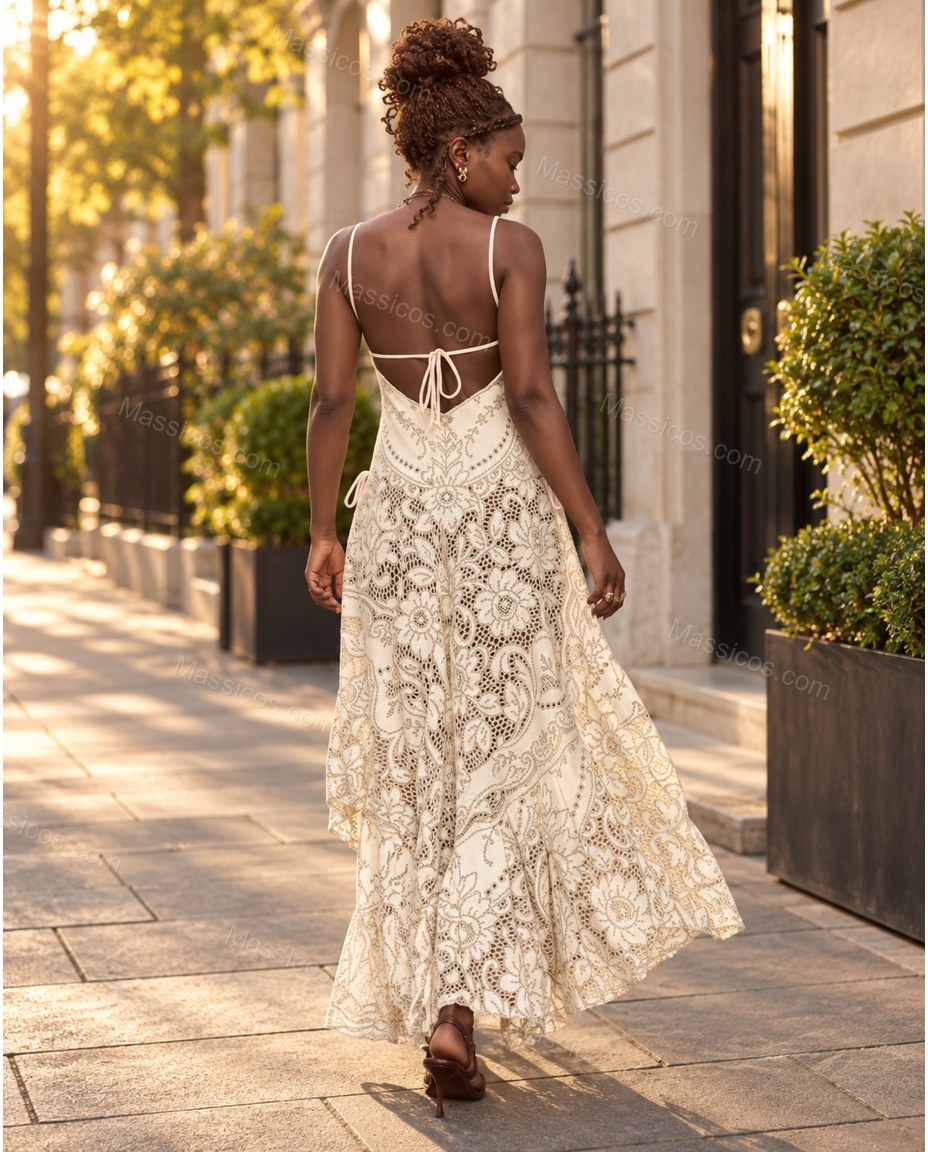 Ivory Floral Maxi Open-Back Dress, three-quarter brand lifestyle view, by Massicos