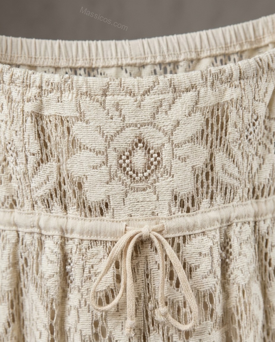 Ivory Floral Maxi Open-Back Dress, close-up of floral embroidery and scalloped hem, by Massicos