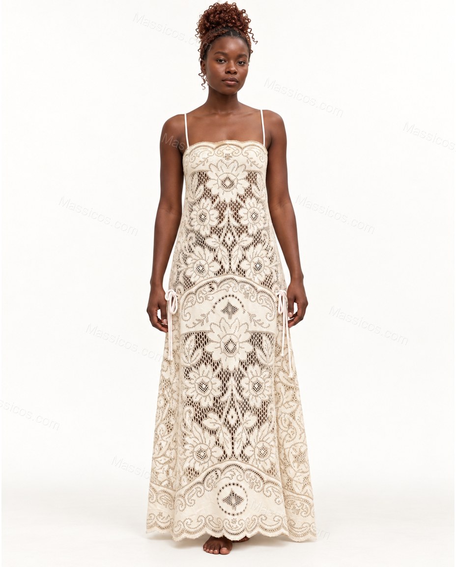 Ivory Floral Maxi Open-Back Dress, front studio view, by Massicos
