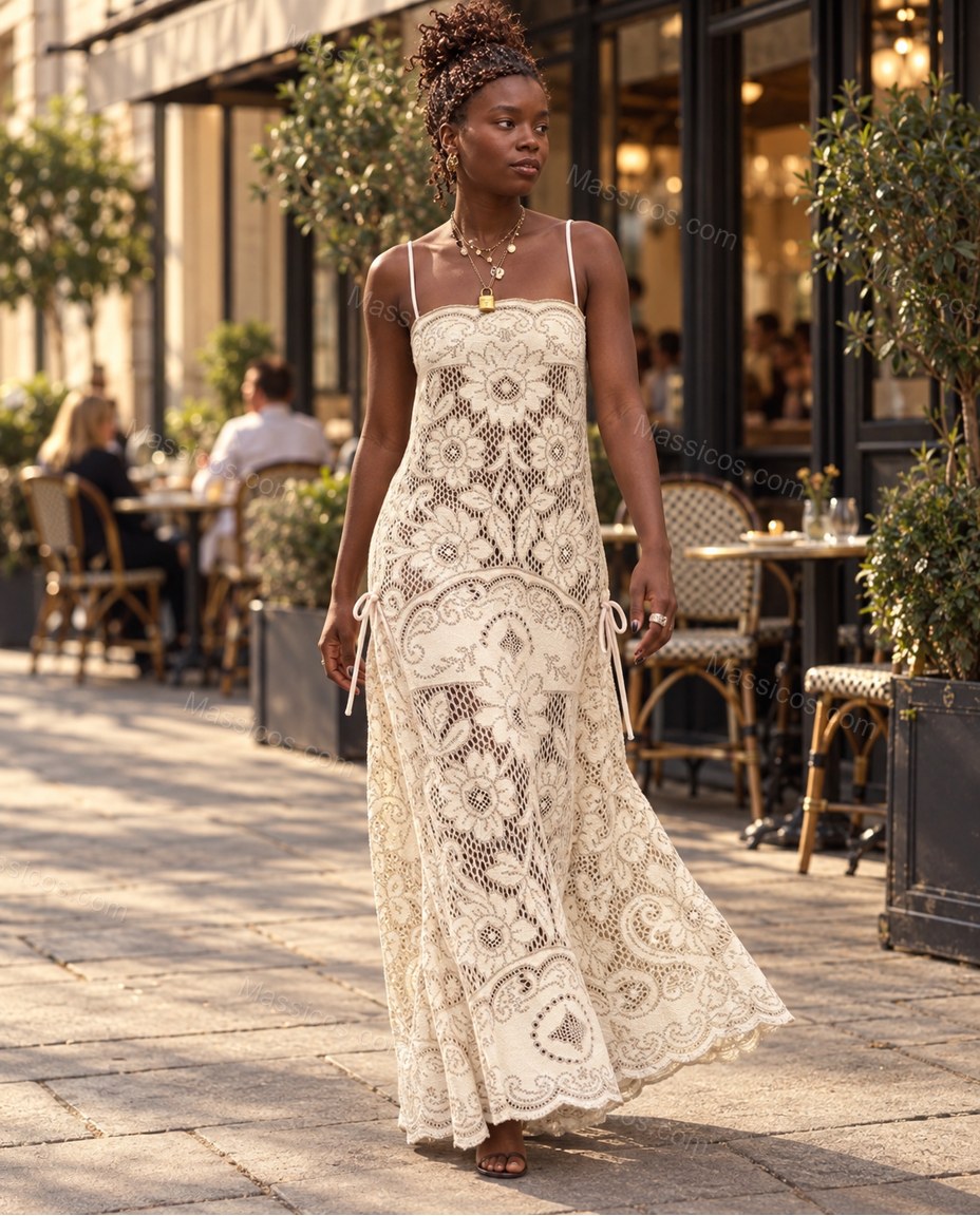 Ivory Floral Maxi Open-Back Dress, walking lifestyle view, by Massicos