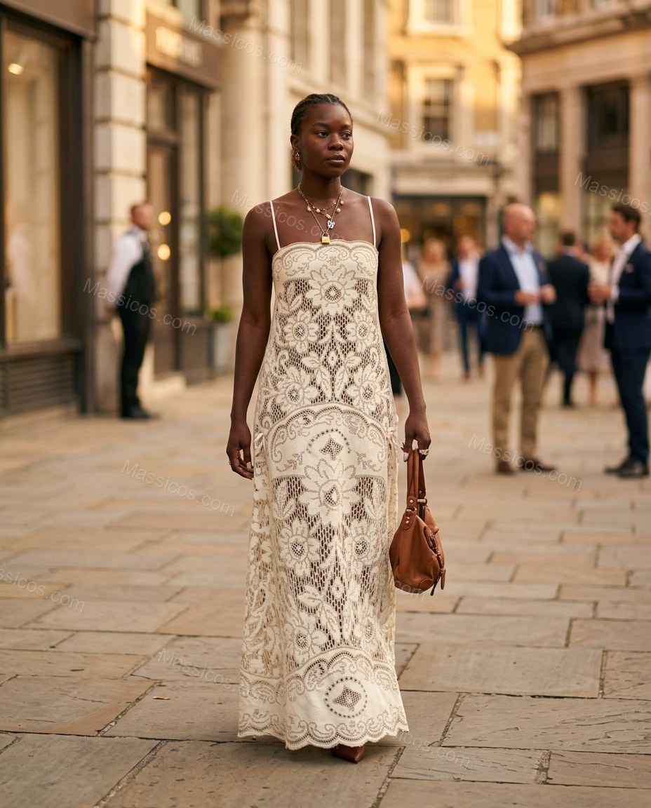 Ivory Floral Maxi Open-Back Dress, movement and fit lifestyle view, by Massicos