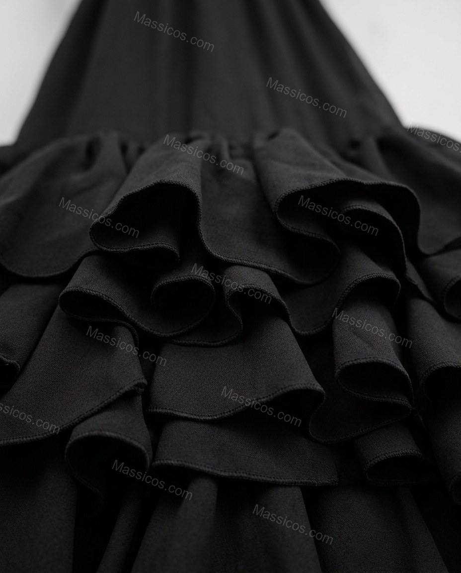 Black Maxi Ruffled Dress, close-up of spaghetti straps, ruffled hem and low back, by Massicos