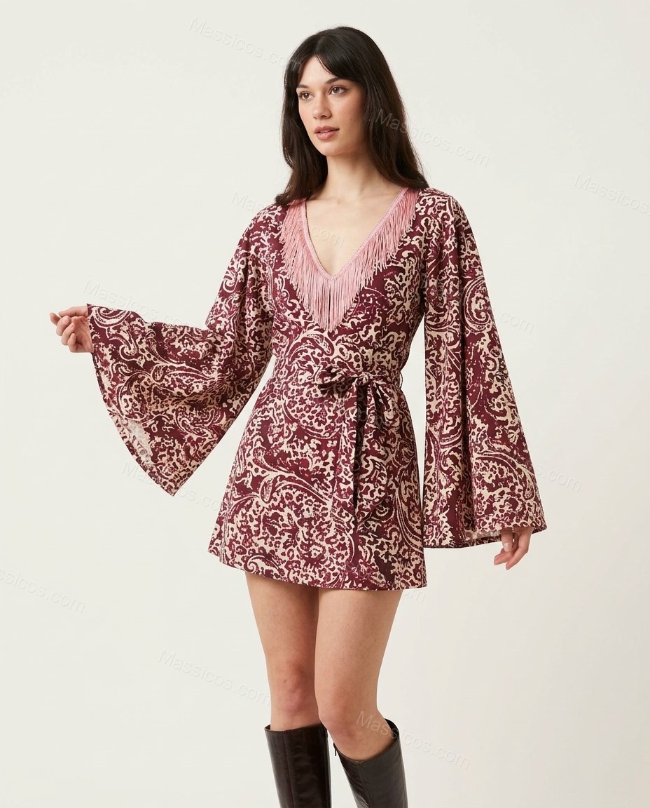 Maroon Paisley Mini Fringe Dress, side and back studio view, by Massicos