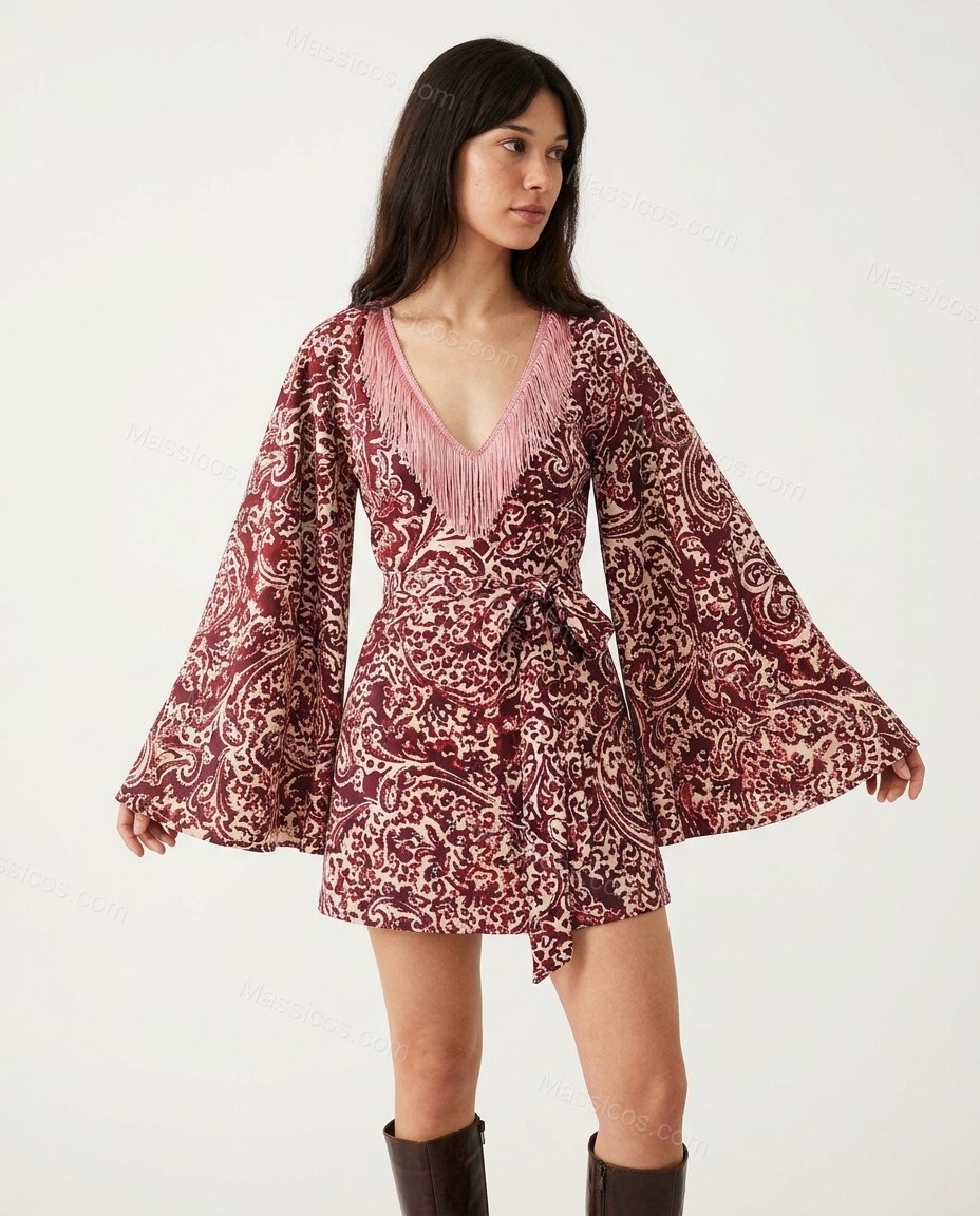 Maroon Paisley Mini Fringe Dress, front studio view, by Massicos