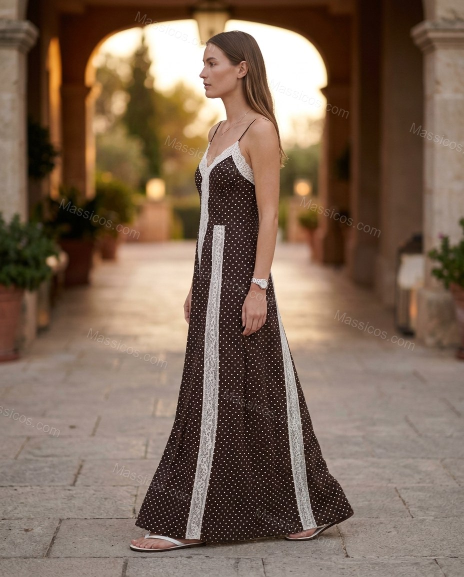 Brown Polka Dot Maxi Lace Dress, walking lifestyle view, by Massicos