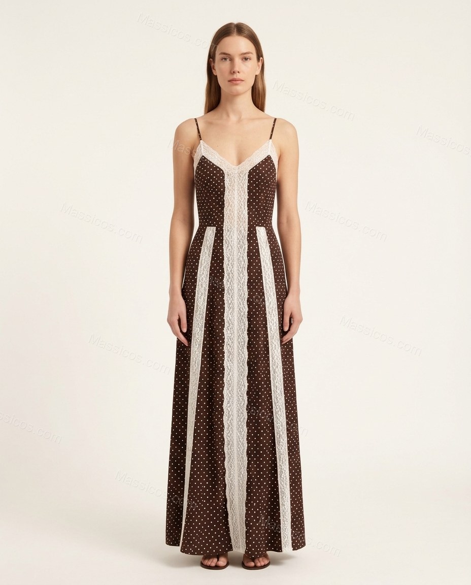 Brown Polka Dot Maxi Lace Dress, front studio view, by Massicos