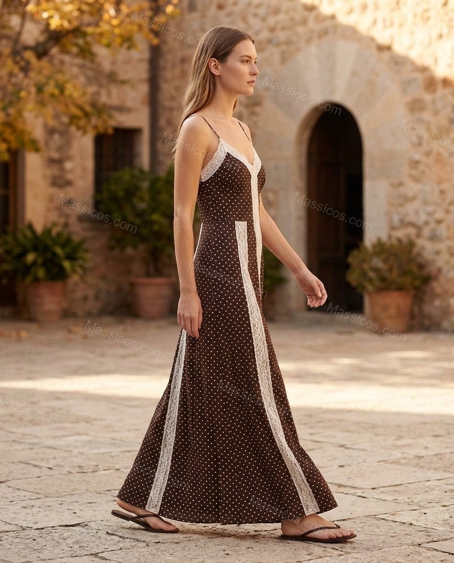 Brown Polka Dot Maxi Lace Dress, movement and fit lifestyle view, by Massicos