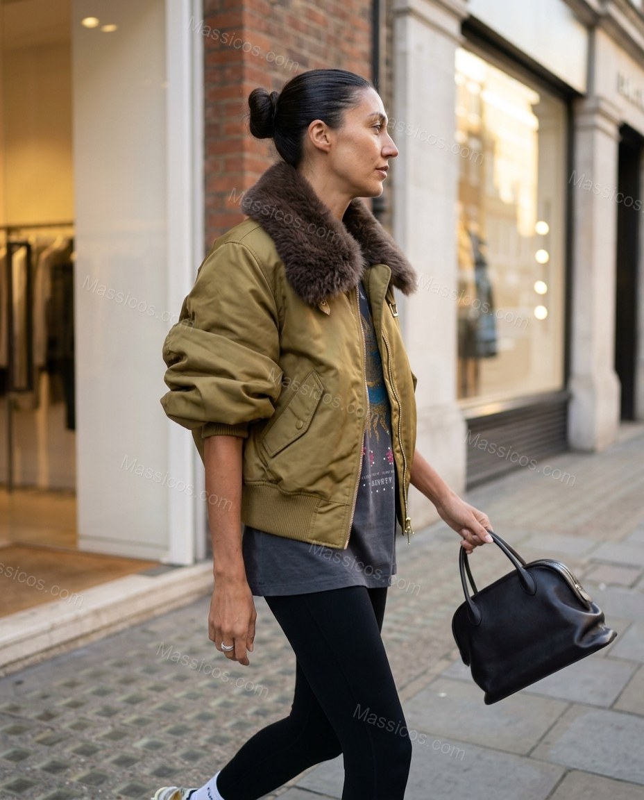 Olive Faux-Fur Ribbed Jacket, movement and fit lifestyle view, by Massicos