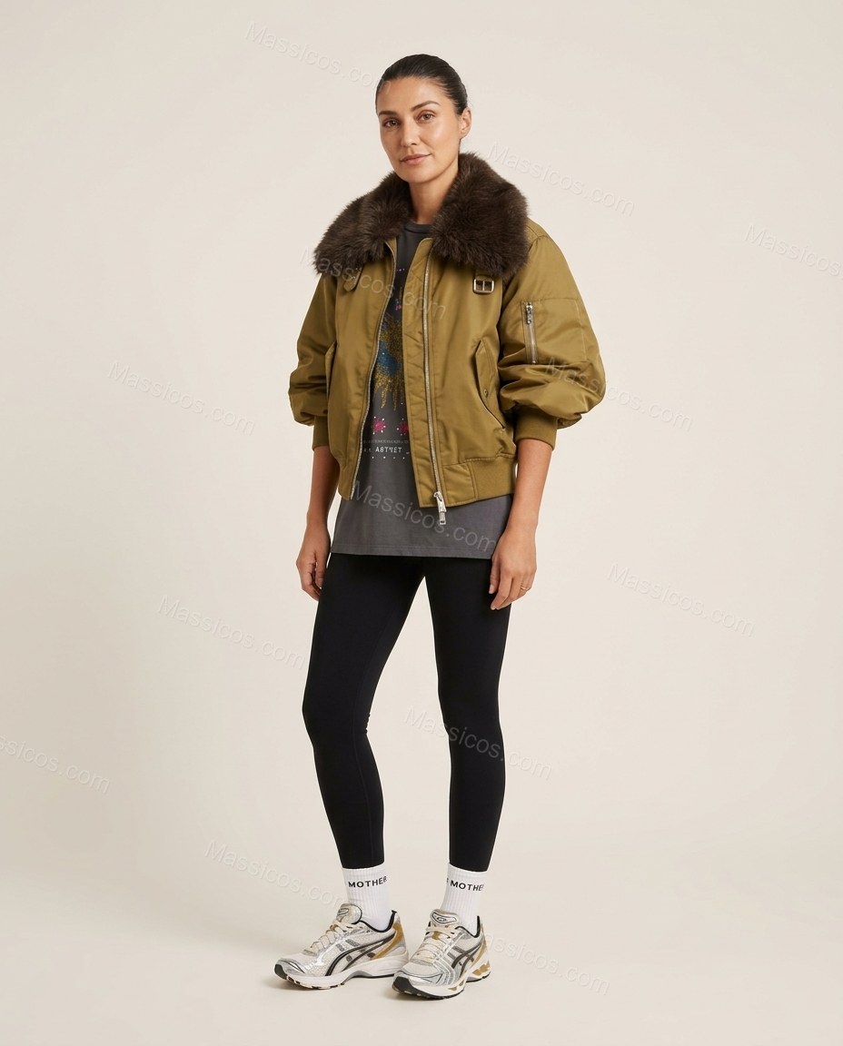 Olive Faux-Fur Ribbed Jacket, front studio view, by Massicos