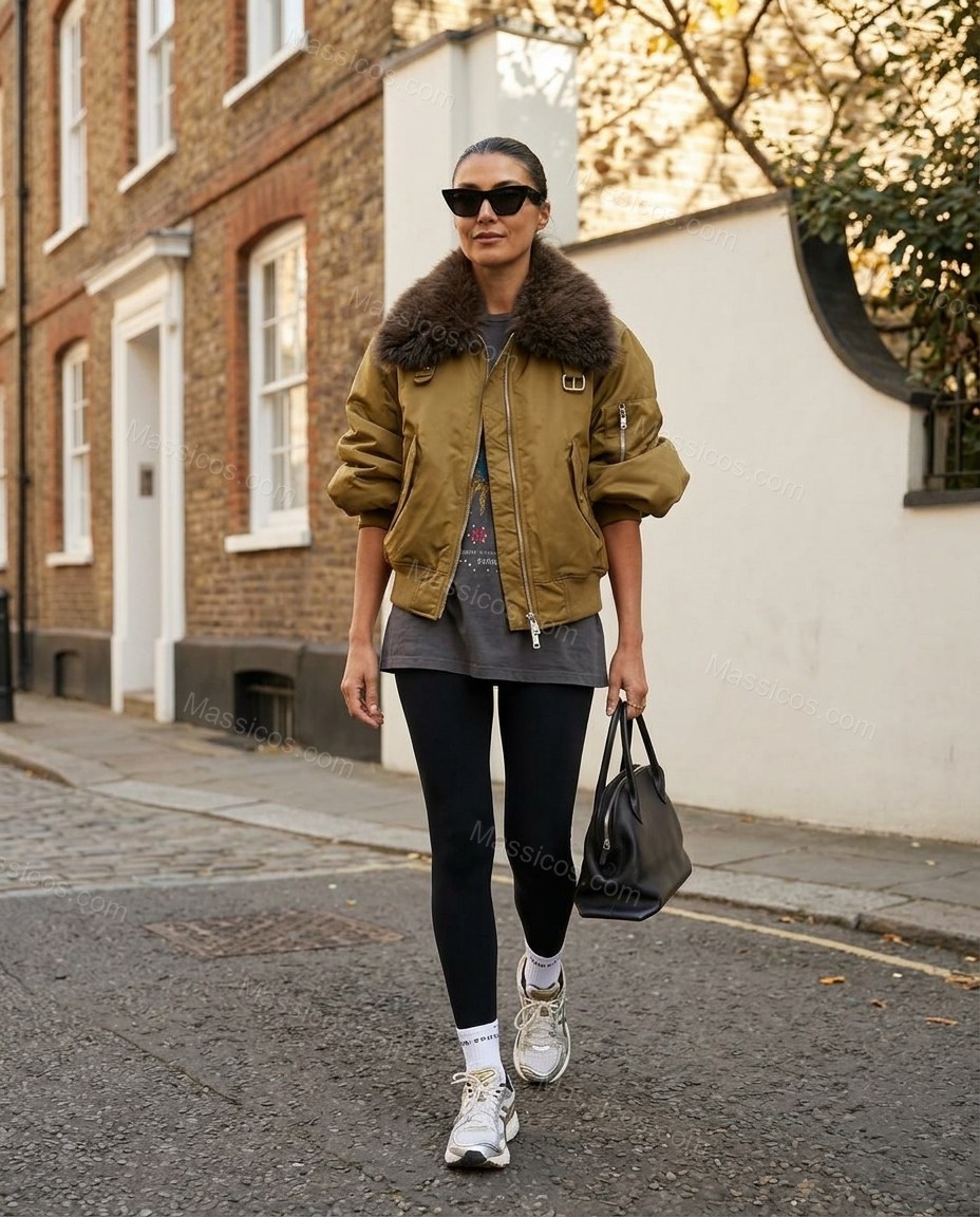 Olive Faux-Fur Ribbed Jacket, full-length hero view, by Massicos