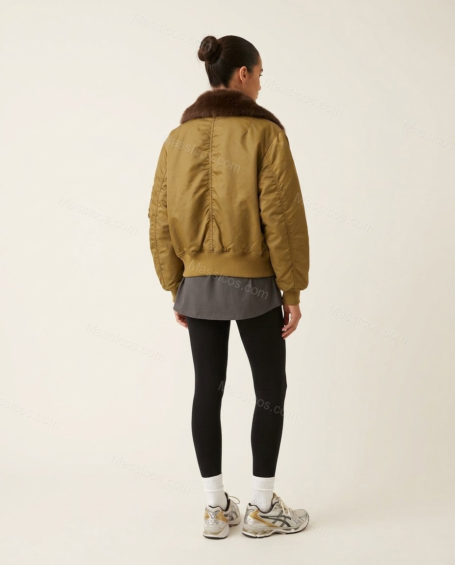 Olive Faux-Fur Ribbed Jacket, back studio view, by Massicos