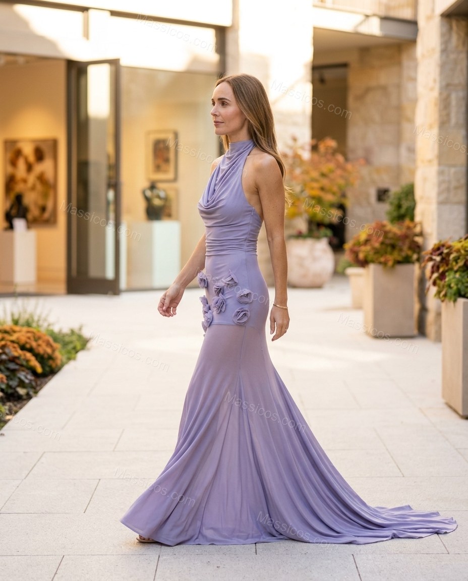 Lavender Maxi Cowl-Neck Knit Dress, walking lifestyle view, by Massicos