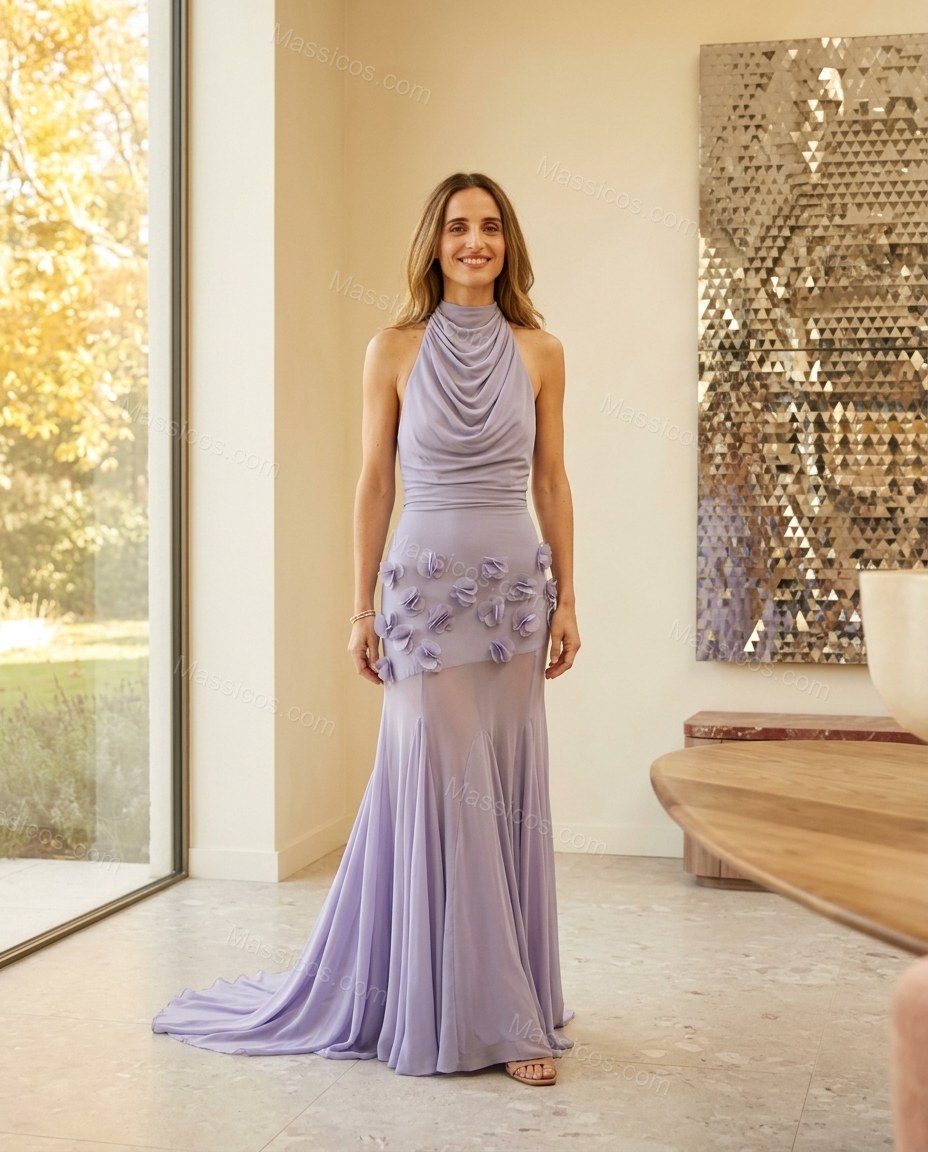 Lavender Maxi Cowl-Neck Knit Dress, full-length hero view, by Massicos