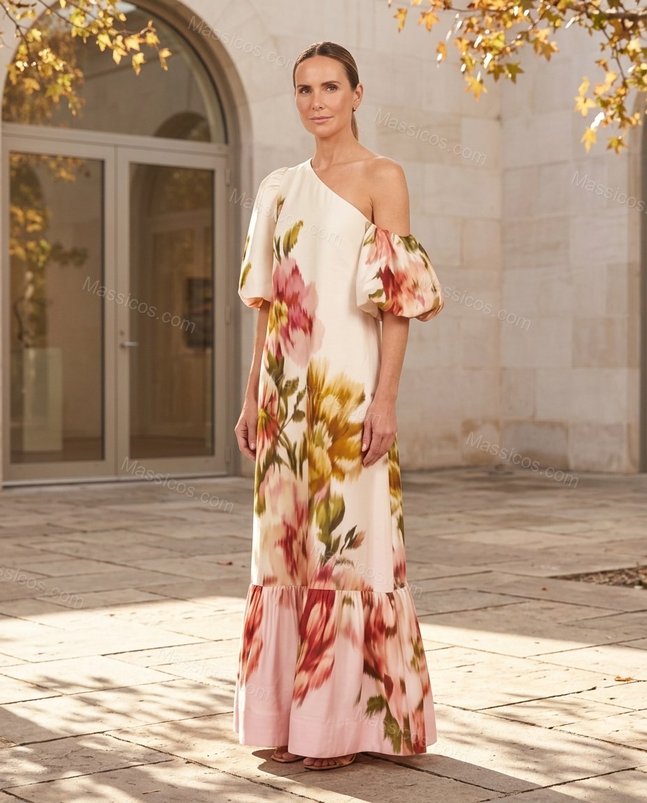 Off-white Floral Maxi One-Shoulder Dress, three-quarter brand lifestyle view, by Massicos