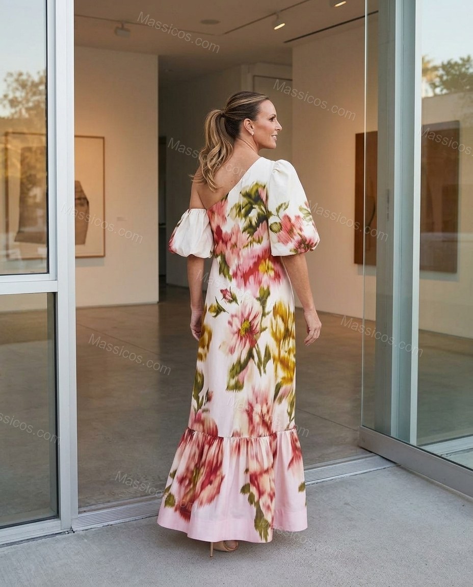 Off-white Floral Maxi One-Shoulder Dress, alternate use-case lifestyle view, by Massicos