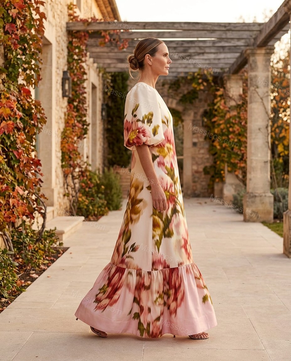 Off-white Floral Maxi One-Shoulder Dress, movement and fit lifestyle view, by Massicos