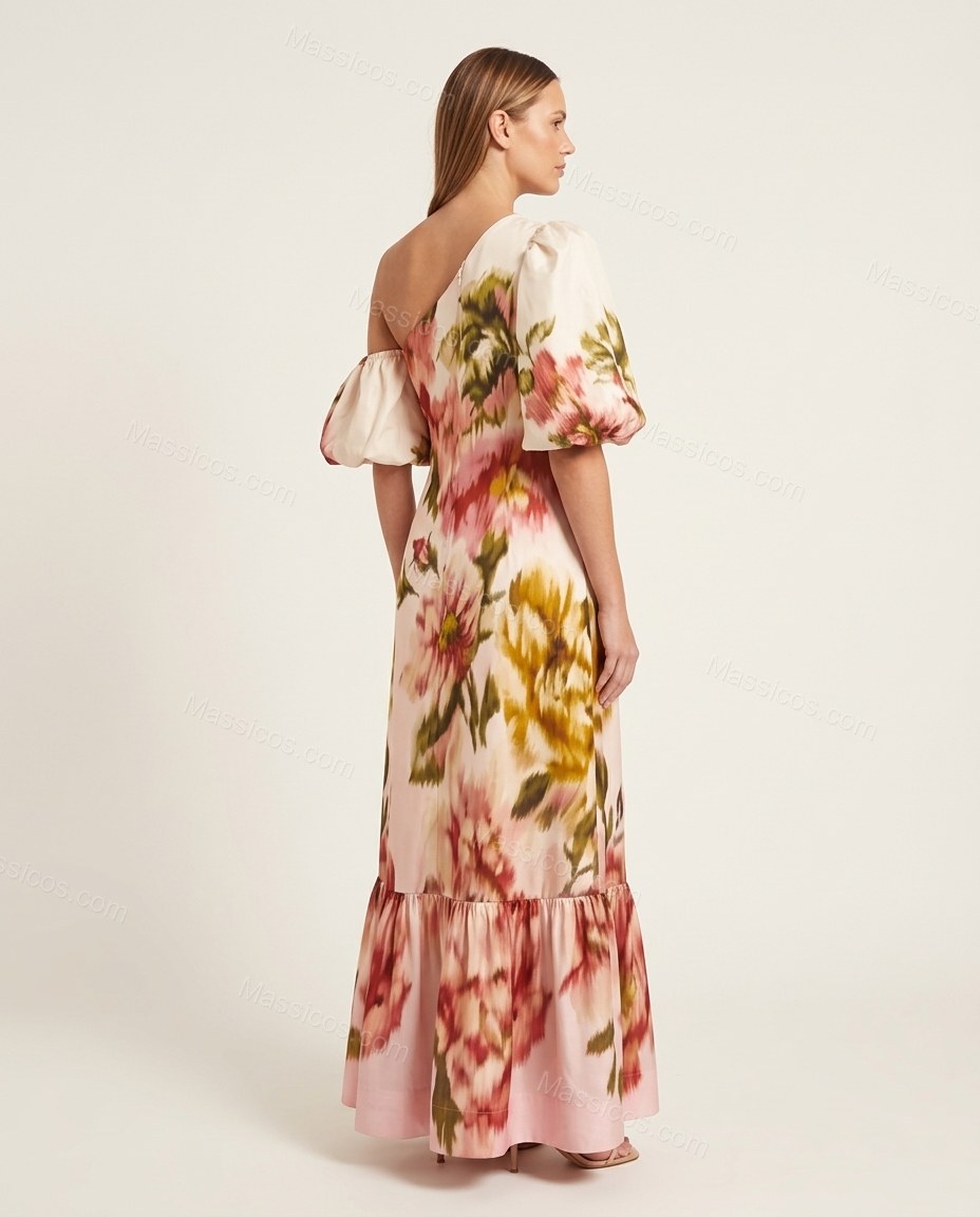 Off-white Floral Maxi One-Shoulder Dress, back studio view, by Massicos