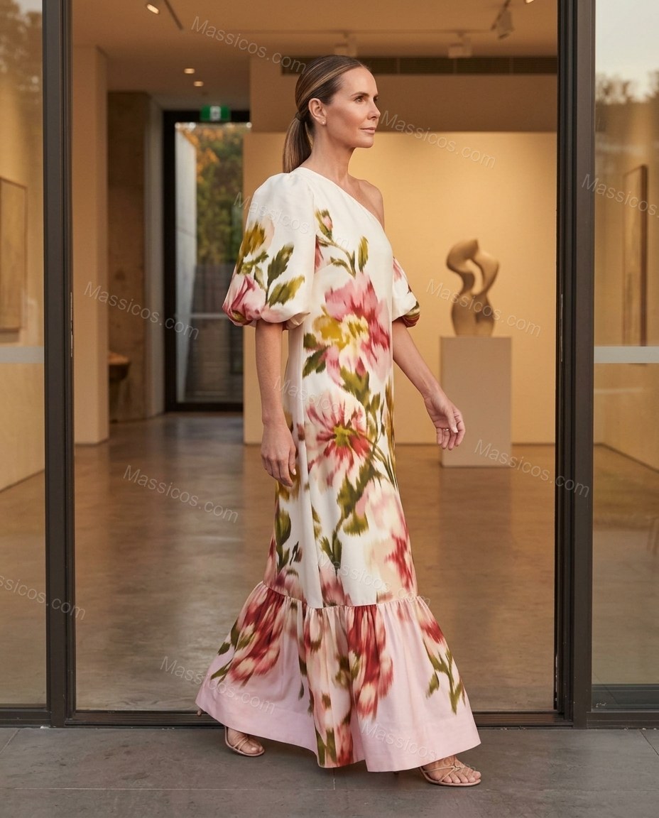 Off-white Floral Maxi One-Shoulder Dress, walking lifestyle view, by Massicos