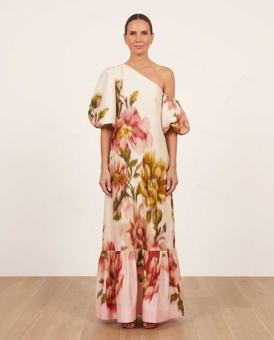Off-white Floral Maxi One-Shoulder Dress, front studio view, by Massicos