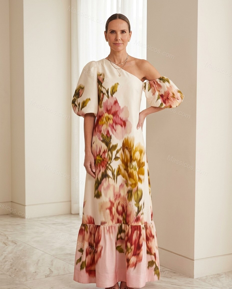 Off-white Floral Maxi One-Shoulder Dress, full-length hero view, by Massicos
