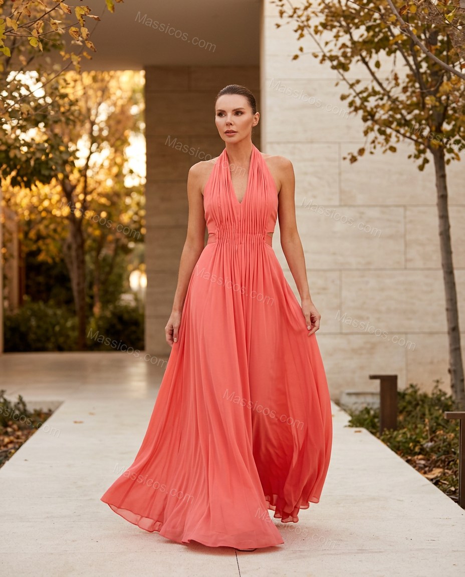 Coral Maxi Open-Back Halter Dress, full-length hero view, by Massicos