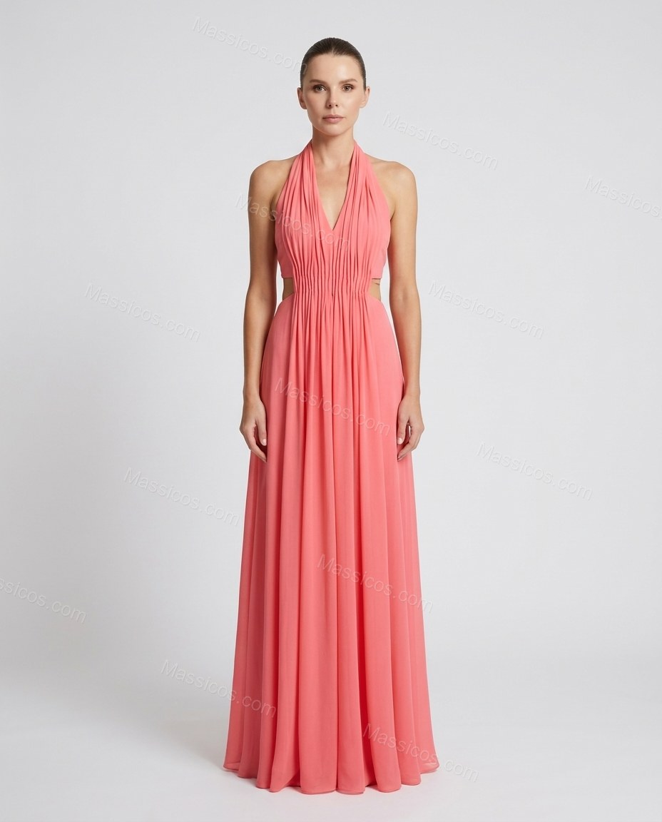Coral Maxi Open-Back Halter Dress, front studio view, by Massicos