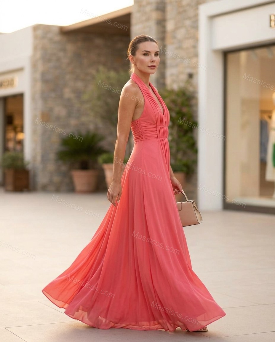 Coral Maxi Open-Back Halter Dress, walking lifestyle view, by Massicos