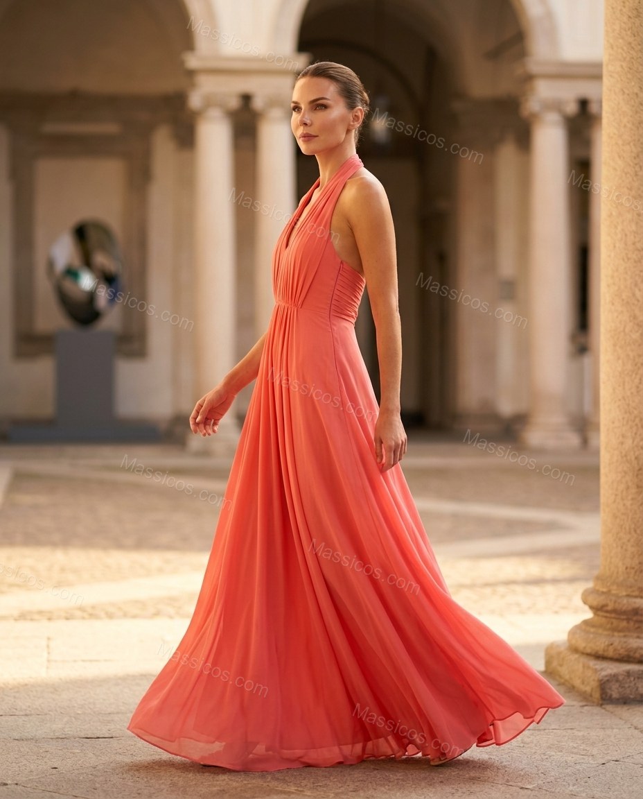 Coral Maxi Open-Back Halter Dress, alternate use-case lifestyle view, by Massicos