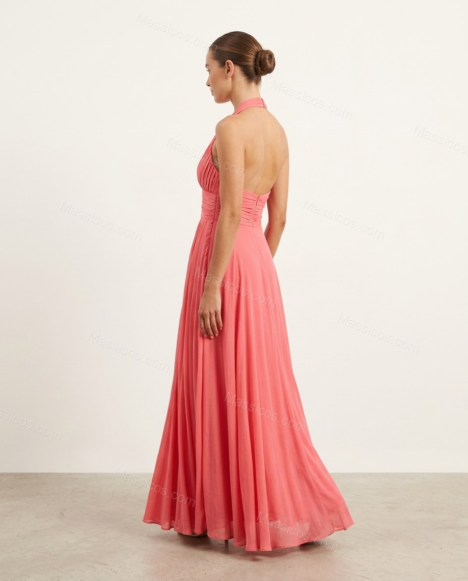 Coral Maxi Open-Back Halter Dress, back studio view showing pleated back with open design, by Massicos
