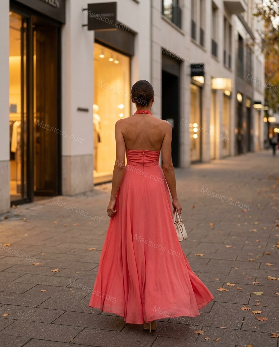 Coral Maxi Open-Back Halter Dress, movement and fit lifestyle view, by Massicos