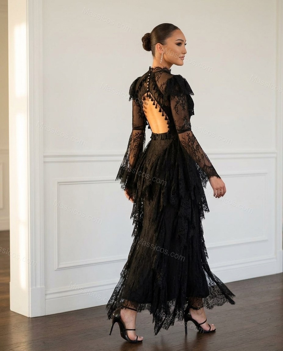 Black Floral Maxi Open-Back Dress, movement and fit lifestyle view, by Massicos