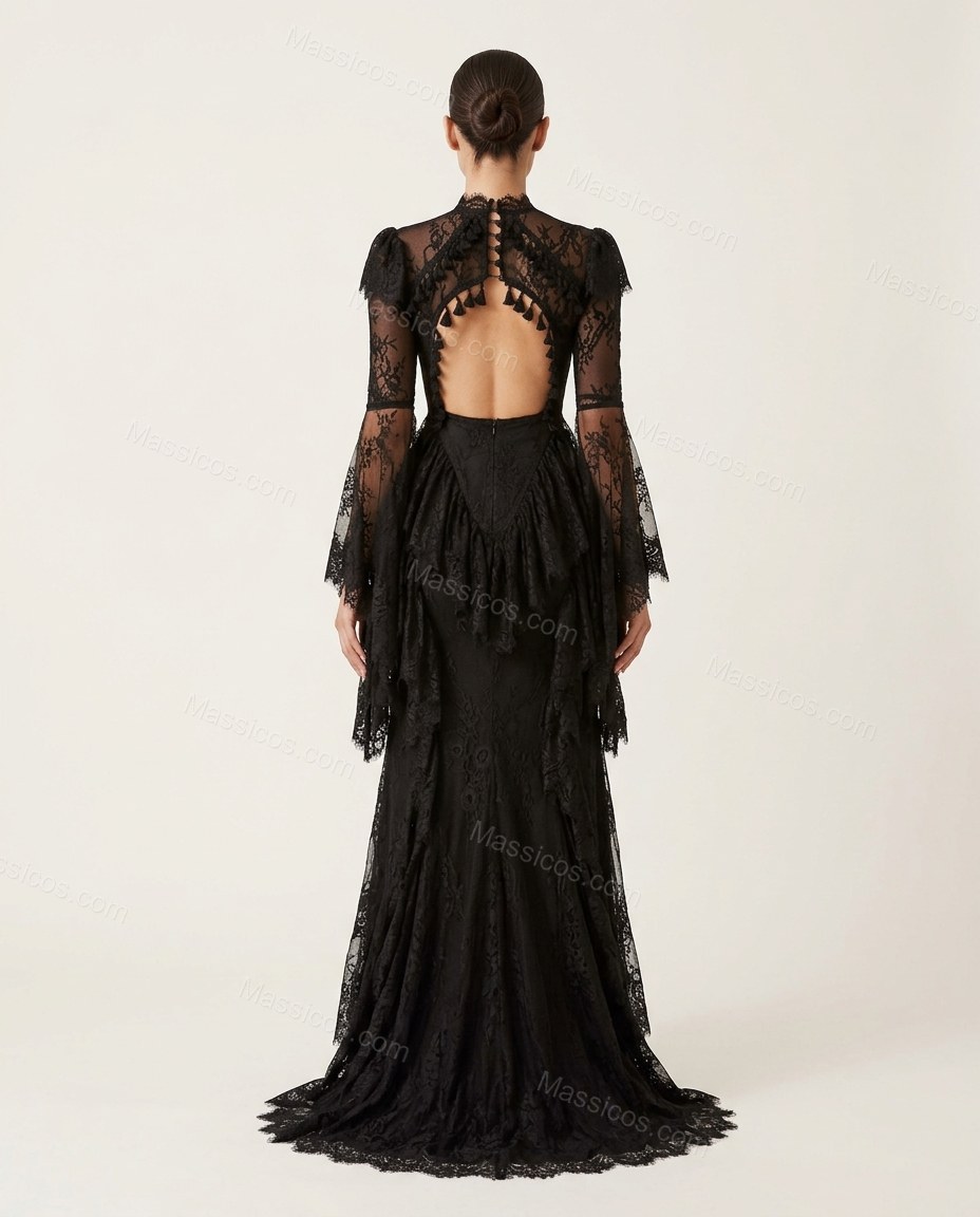 Black Floral Maxi Open-Back Dress, back studio view showing open back with lace detailing and button closure, by Massicos