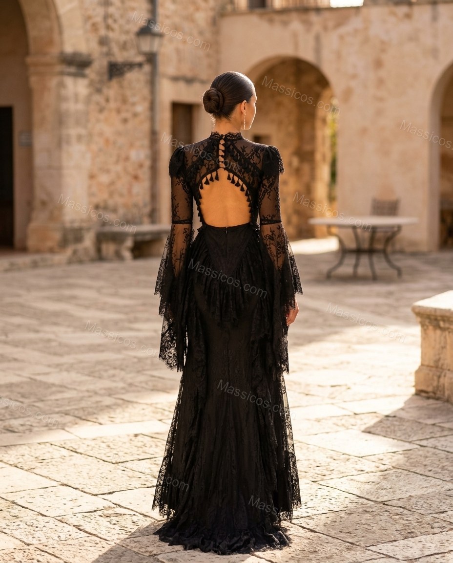 Black Floral Maxi Open-Back Dress, alternate use-case lifestyle view, by Massicos
