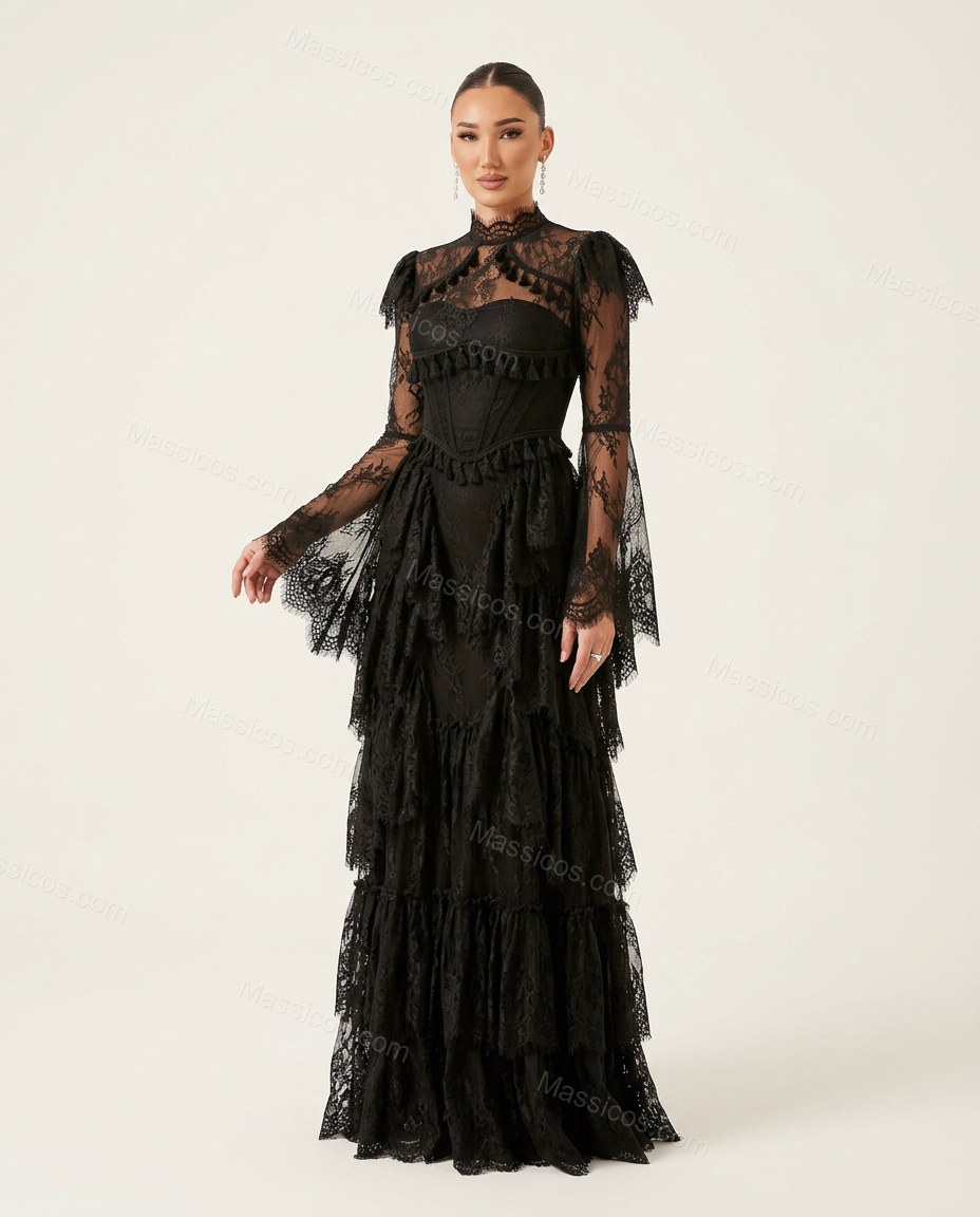 Black Floral Maxi Open-Back Dress, front studio view, by Massicos