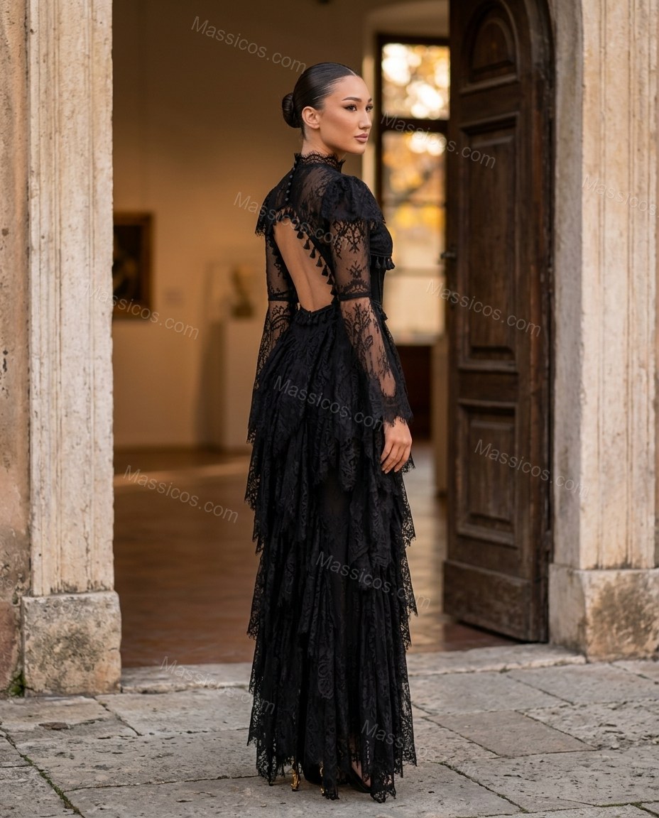 Black Floral Maxi Open-Back Dress, three-quarter brand lifestyle view, by Massicos